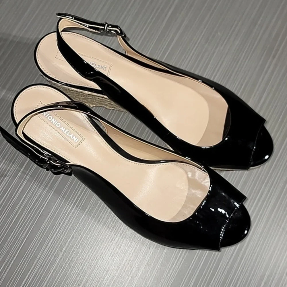 ANTONIO MELANI Sleak Black Peep Toe Rope Wedge Heels Women's 8.5 NWOT‎
